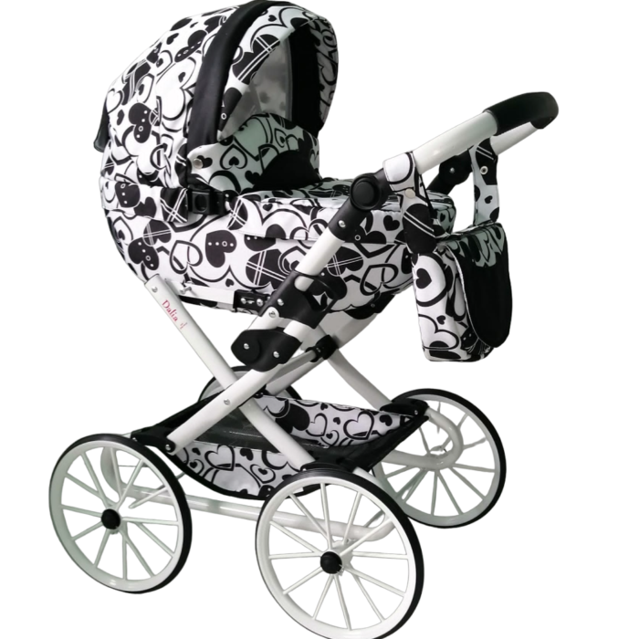 Wózek dla lalek głęboki Retro - Serca biało-czarne