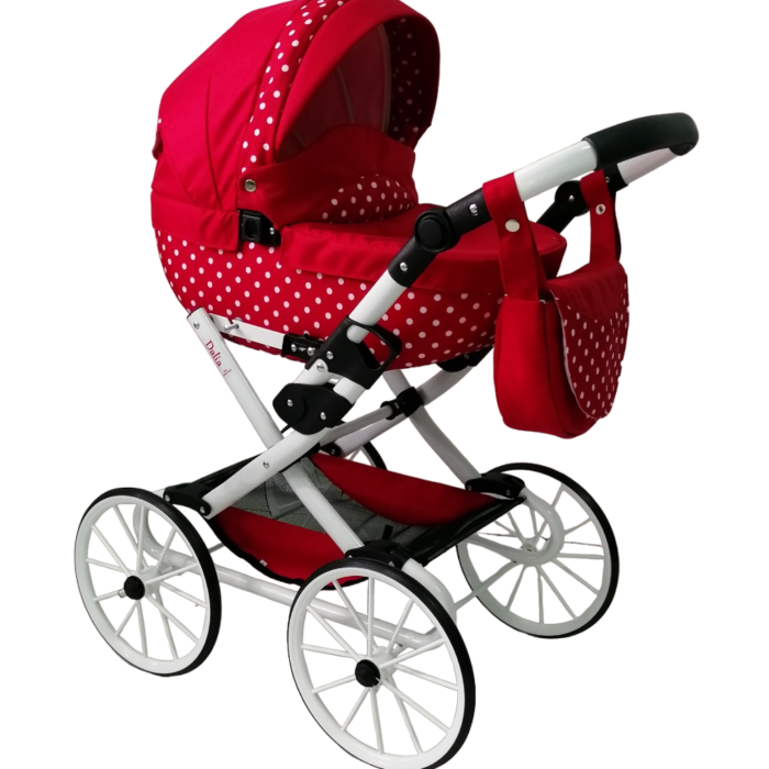 Wózek dla lalek głęboki Retro - Czerwony w kropki